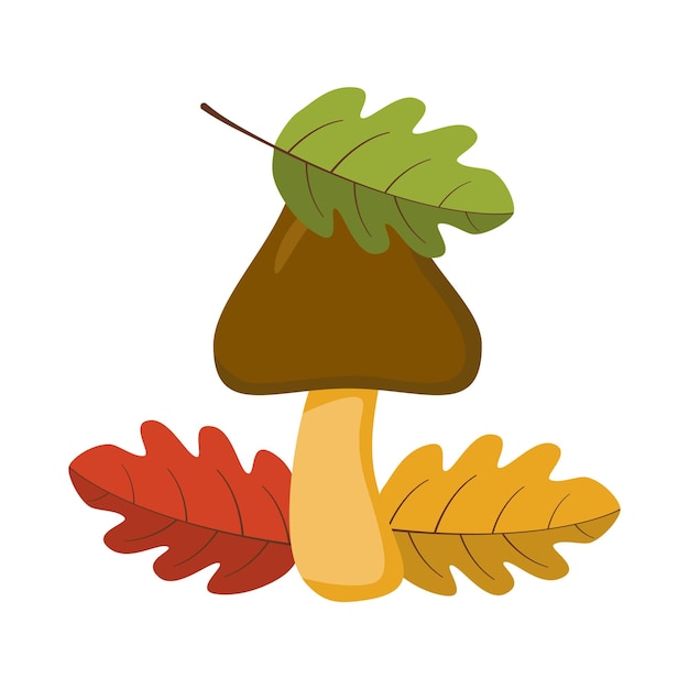 brown mushroom with leaves in vlet style. vector image.