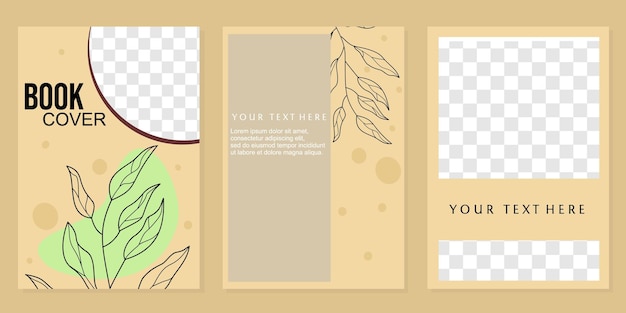 brown natural theme book cover template. background with hand drawn leaf elements