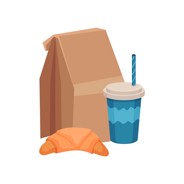 Brown paper bag with school lunch fresh croissant and cocktail in plastic cup with lid and drinking straw Food and drink theme Cartoon vector design Flat illustration isolated on white background