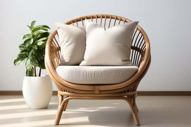 Brown round wooden chair with textile seat and wicker back on white background Textile seat coverin