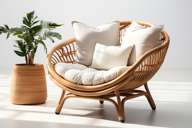 Brown round wooden chair with textile seat and wicker back on white background Textile seat coverin