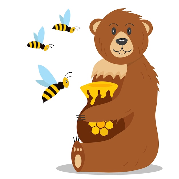 Brown smiling bear sits and holds a jug of honey in its paws while bees fly around Isolated on a w