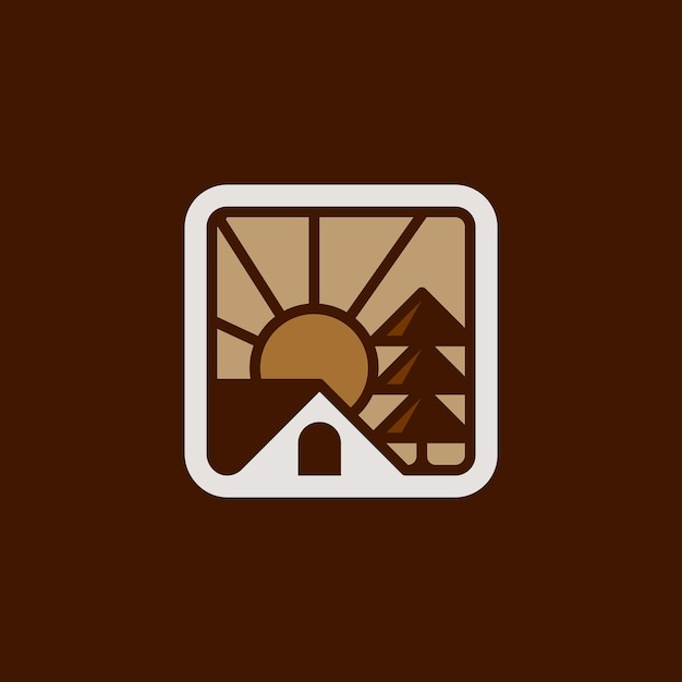 A brown square with a picture of a forest and a house in the background.