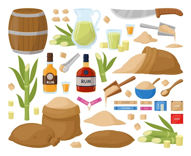 Brown sugar cartoon sugarcane plant sweet ingredient heap flat vector illustration set