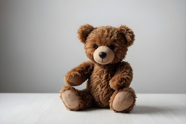 a brown teddy bear sits on a white table