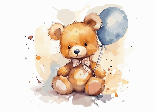 a brown teddy bear with a bow tie and a blue balloon