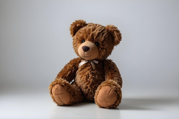 a brown teddy bear with a bow tie sitting on a white surface