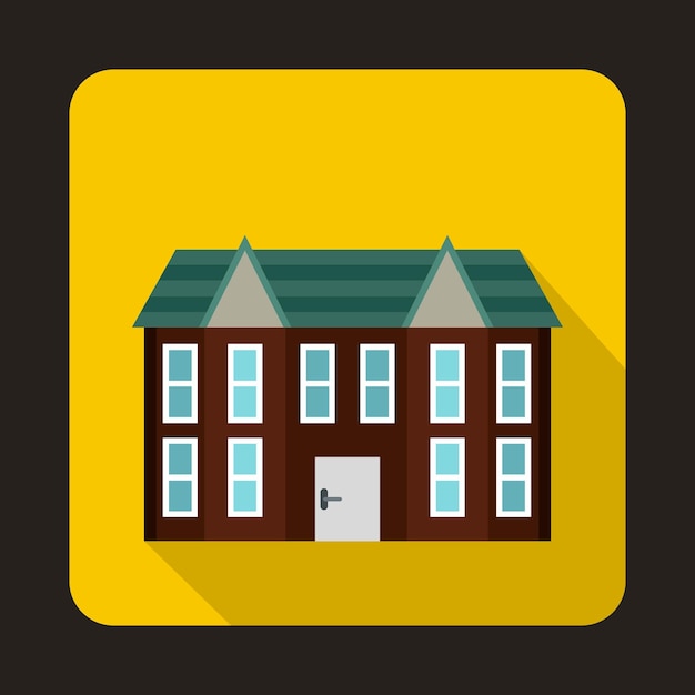 Brown two storey house icon in flat style on a yellow background