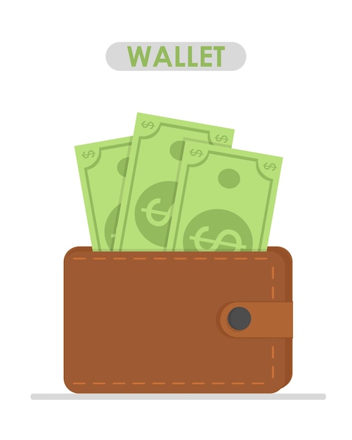 Brown wallet with green paper money Wallet with cash dollars banknotes flat design