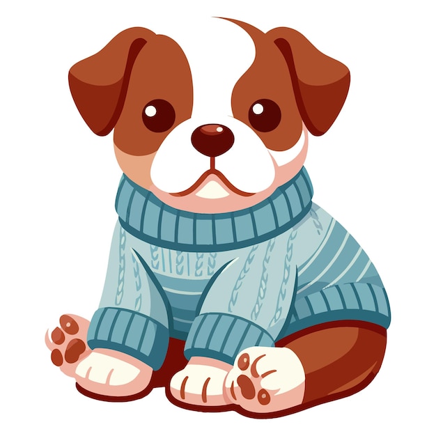 A brown and white bulldog puppy wearing a cozy blue sweater sits with its paws tucked under its body