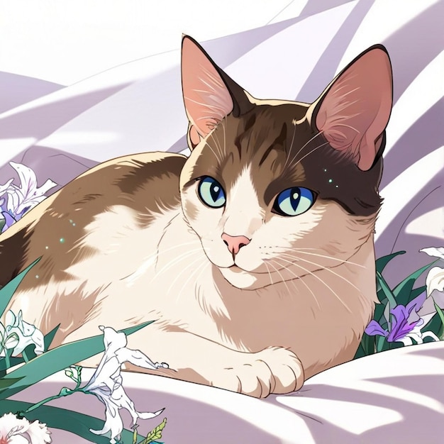 Vector a brown and white cat laying on a bed with flowers