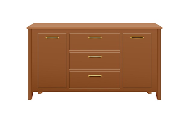 Brown wooden dresser with five drawers for modern interior realistic vector illustration