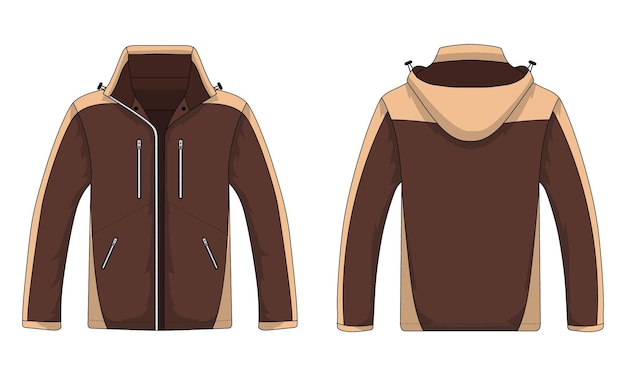 Vector brown zippered hoodie jacket mockup front and back view