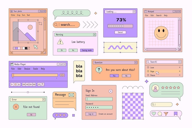 Browser computer interface windows in vaporwave  style retro pc desktop template boxes vector