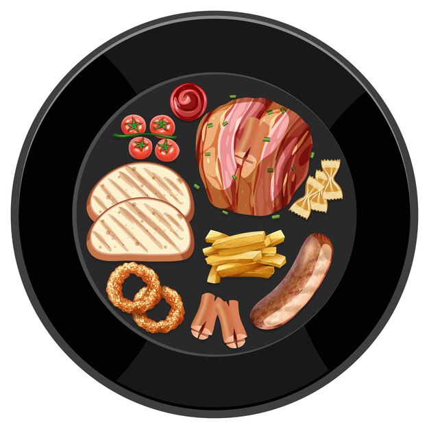 Vector brunch or breakfast set in a dish in cartoon style on the table