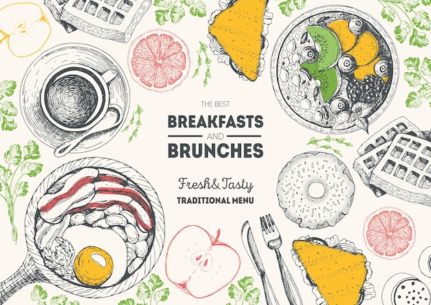 Brunch and breakfast top view frame Food menu design Vintage hand drawn sketch vector illustration