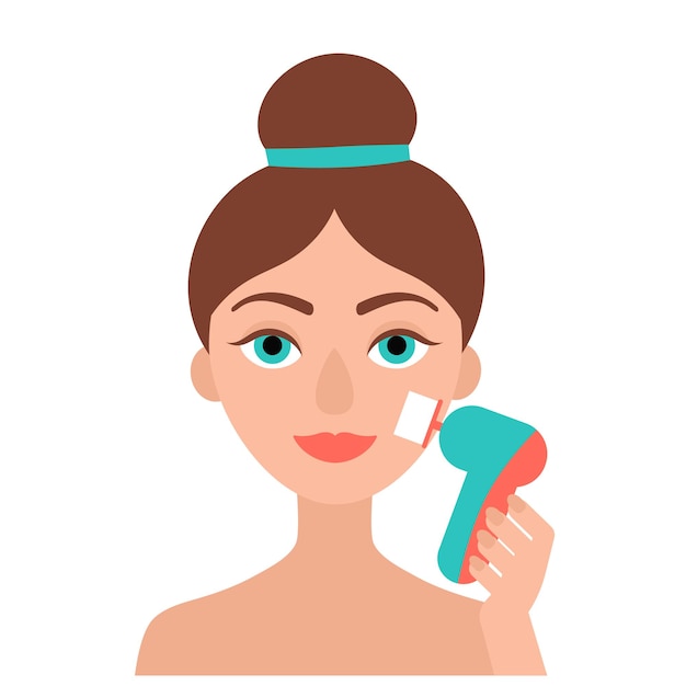 Brunette girl cleans her face with an electric brush. Facial. Cleansing and exfoliation.Flat image on white background