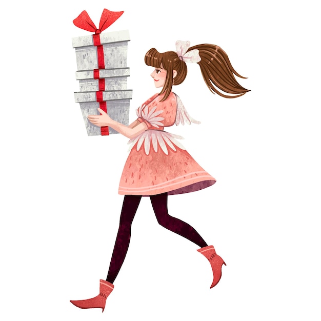 A brunette girl in a dress comes from a sale carries a lot of gifts in her hands