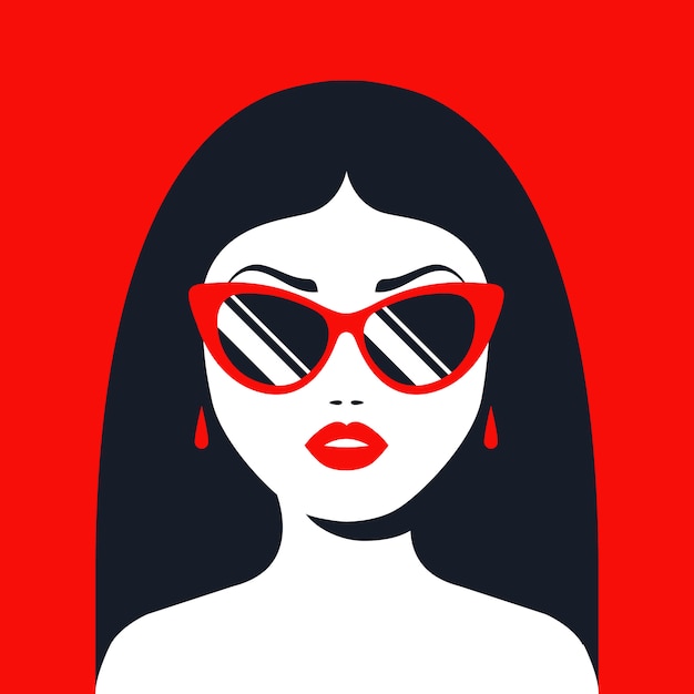 brunette girl in sunglasses and red lipstick. Flat character  illustration.