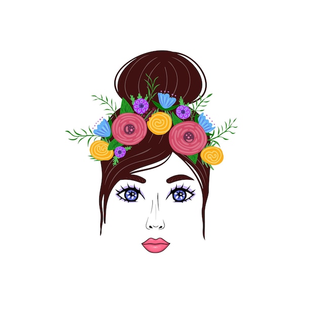 Vector brunette girl with flower wreath hand drawn illustration