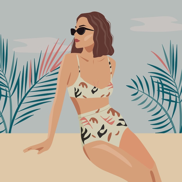 A brunette girl with sunglasses is relaxing on the beach