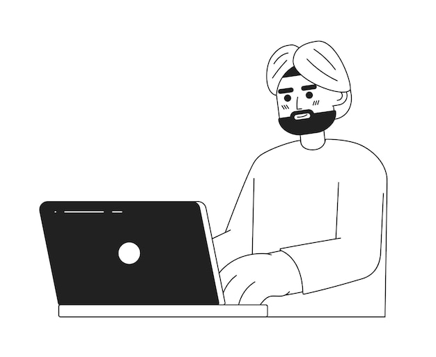 Brunette indian man with dark beard in turbanmonochromatic flat vector character Editable thin line half body office worker on white Simple bw cartoon spot image for web graphic design