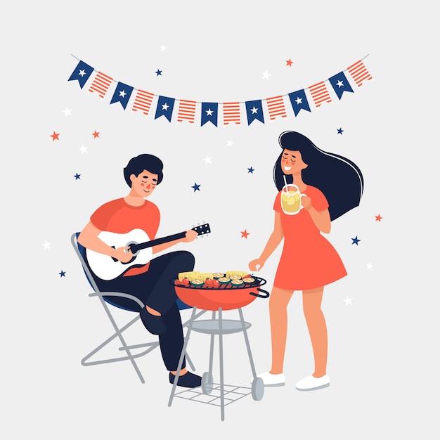 Brunette man and woman is celebrating fourth of july independence day making barbecue