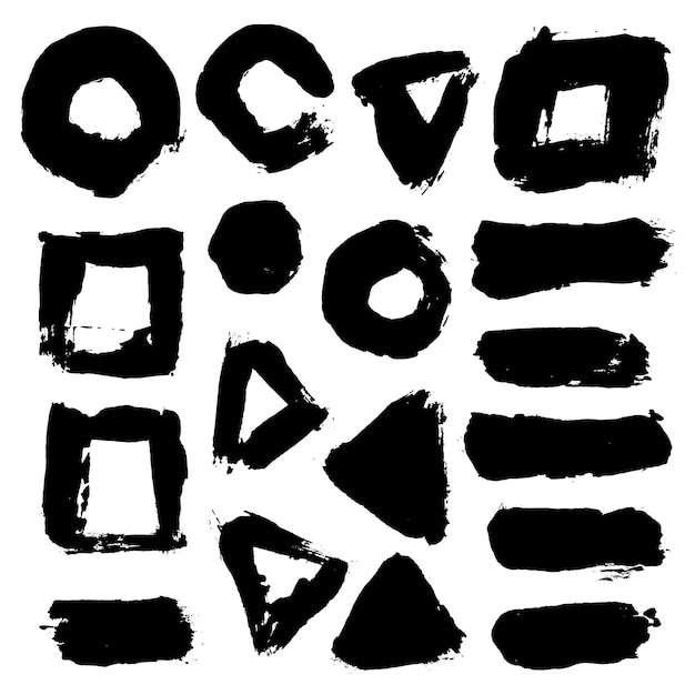 Brush strokes Vector paintbrush set Round triangle square circle grunge design elements Long text boxes Dirty distress texture banners Ink splatters Grungy painted objects