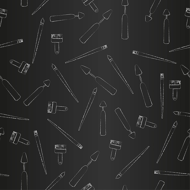 Brushes and palette knife seamless pattern vertical rows of silhouettes of artist drawing tools on black chalkboard