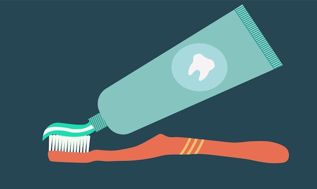 Brushing Teeth Toothbrush and Toothpaste on dark blue background Flat vector illustration