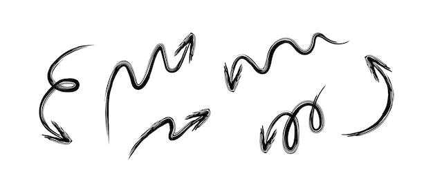 Brushstroke black arrows with swirls and loops Hand drawn decorative elements direction indication