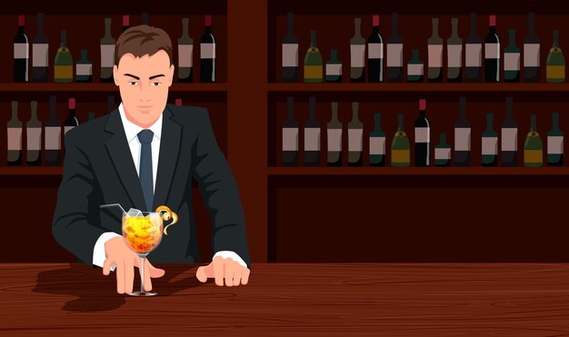 Vector brutal bartender holds out whiskey cocktail standing near bar counter alcohol bar with wine bottles man in formal suit preparing cocktail cute cartoon design pub concept vector illustration