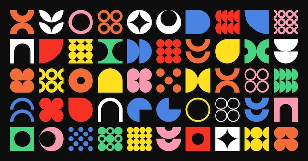 Brutalist geometric shapes colorful symbols simple primitive elements and forms bauhaus retro design