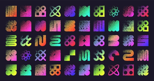 Vector brutalist geometric shapes dotted objects stipple elements modern symbols neon primitive forms retro