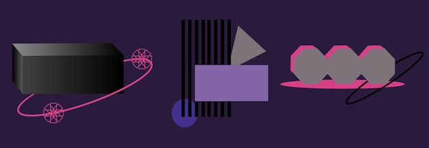 Vector brutalist illustration set with black pink and gray elements on a dark purple background