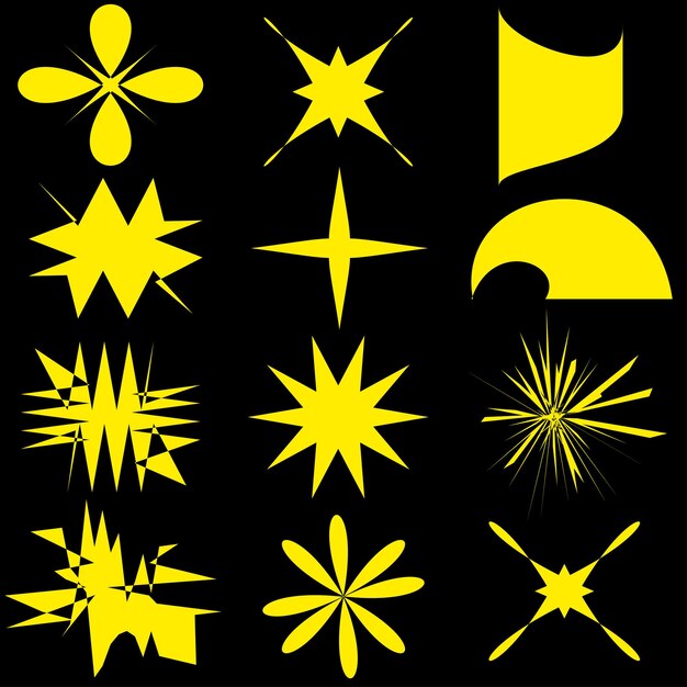 Brutalist sticker set with unusual yellow shapes on a black background