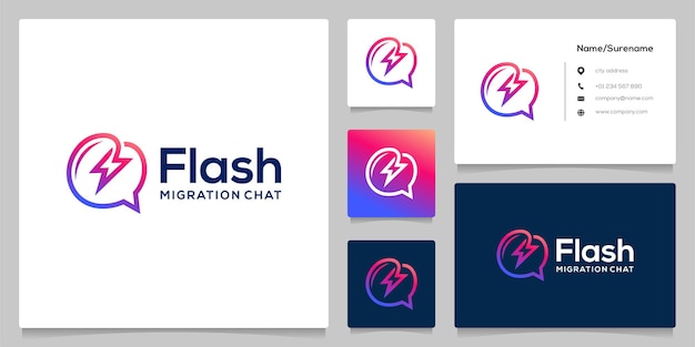 bubble chat flash bolt electric line outline logo design with business card