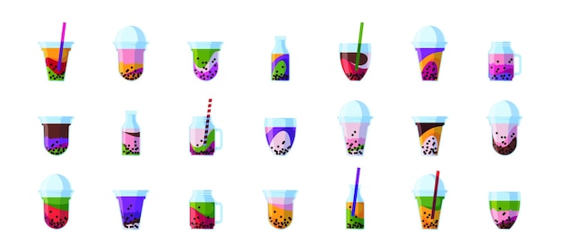 Bubble cocktails Beverage cold drinks tea with milk tapioca liquids with pearls garish vector flat colored pictures set