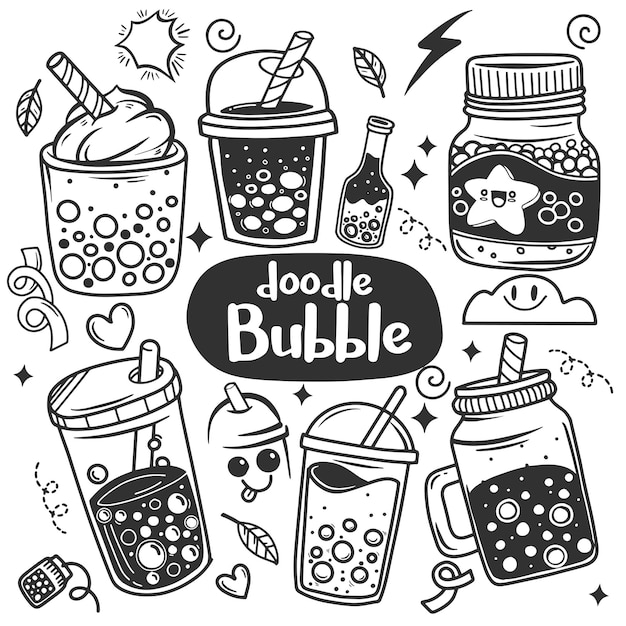 Bubble milk tea Doodle Boba milk tea coffees and soft drinks with doodle style Vector illustration