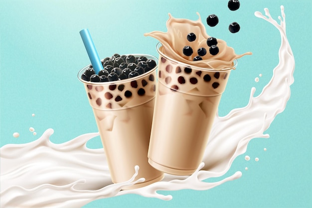 Bubble milk tea with delicious tapioca and splashing milk in 3d illustration