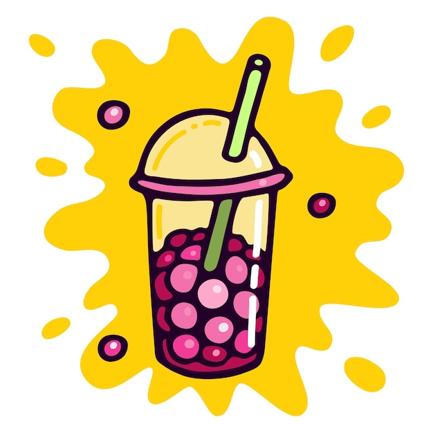 Bubble Tea Boba Tea in Plastic Cup Doodle Cartoon style mascot on yellow Splash Premium Vector