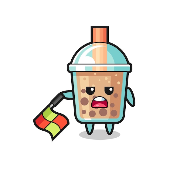 Bubble tea character as line judge hold the flag down at a 45 degree angle