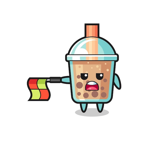 Bubble tea character as line judge hold the flag straight horizontally