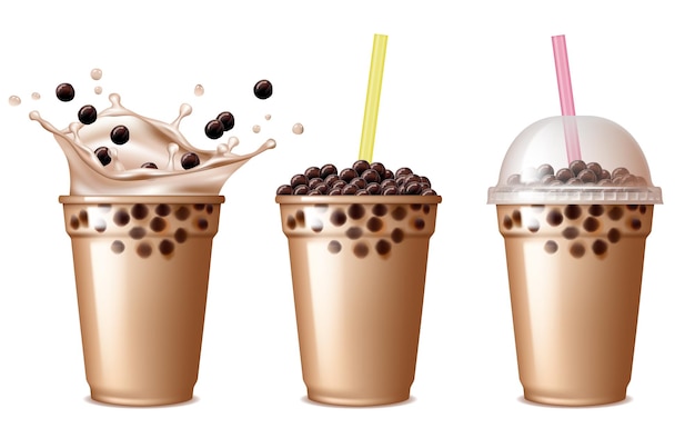 Bubble tea drink. Cold tea with milk delicious beverage drinking products tapioca splashing liquid food  realistic.