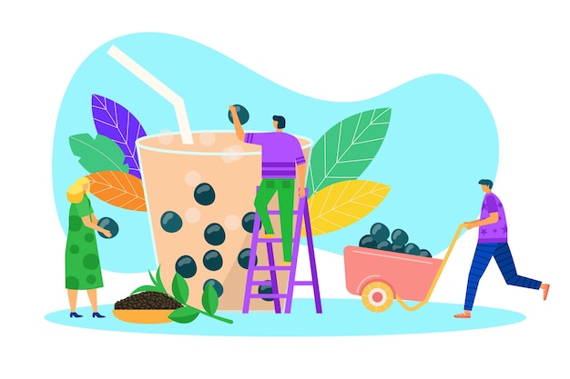 Bubble tea juice vector illustration tiny man woman people character make natural drink in cup summe...