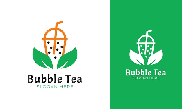 Bubble tea logo design with leaf icon for milk tea drink label