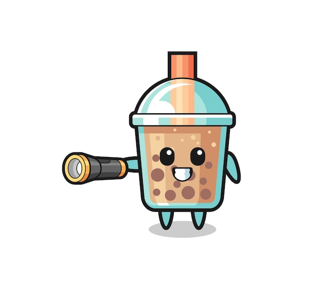 Bubble tea mascot holding flashlight  cute design