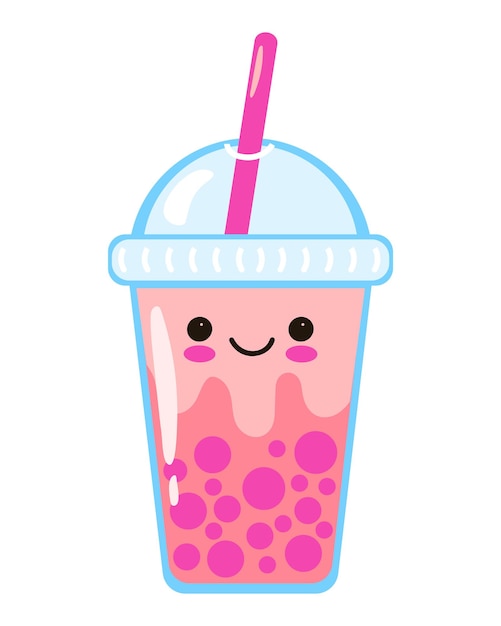 Bubble tea or pearl boba milk tea cute vector character with kawaii face illustration