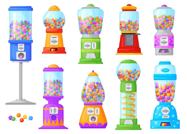 Bubblegum machines Gumball machine bubble gum dispensers or cartoon full gashapon capsule kids toys vending dispenser container sweets balls penny coin neat vector illustration