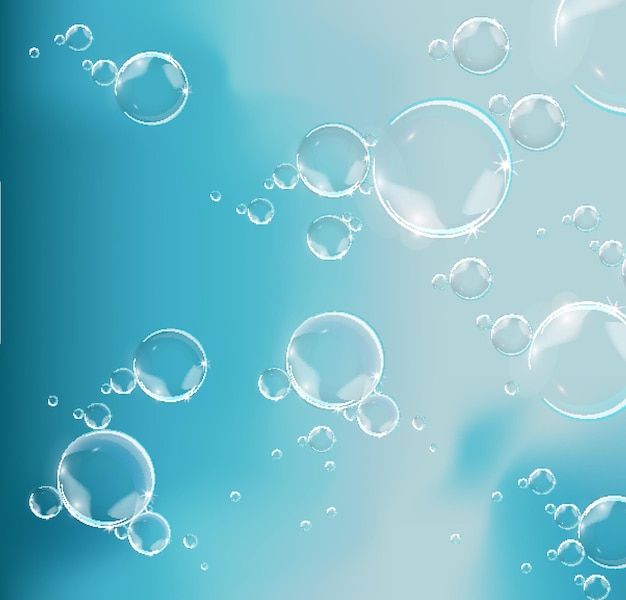 Bubbles in water on blue background horizontal vector circle and liquid light design clear soapy shiny